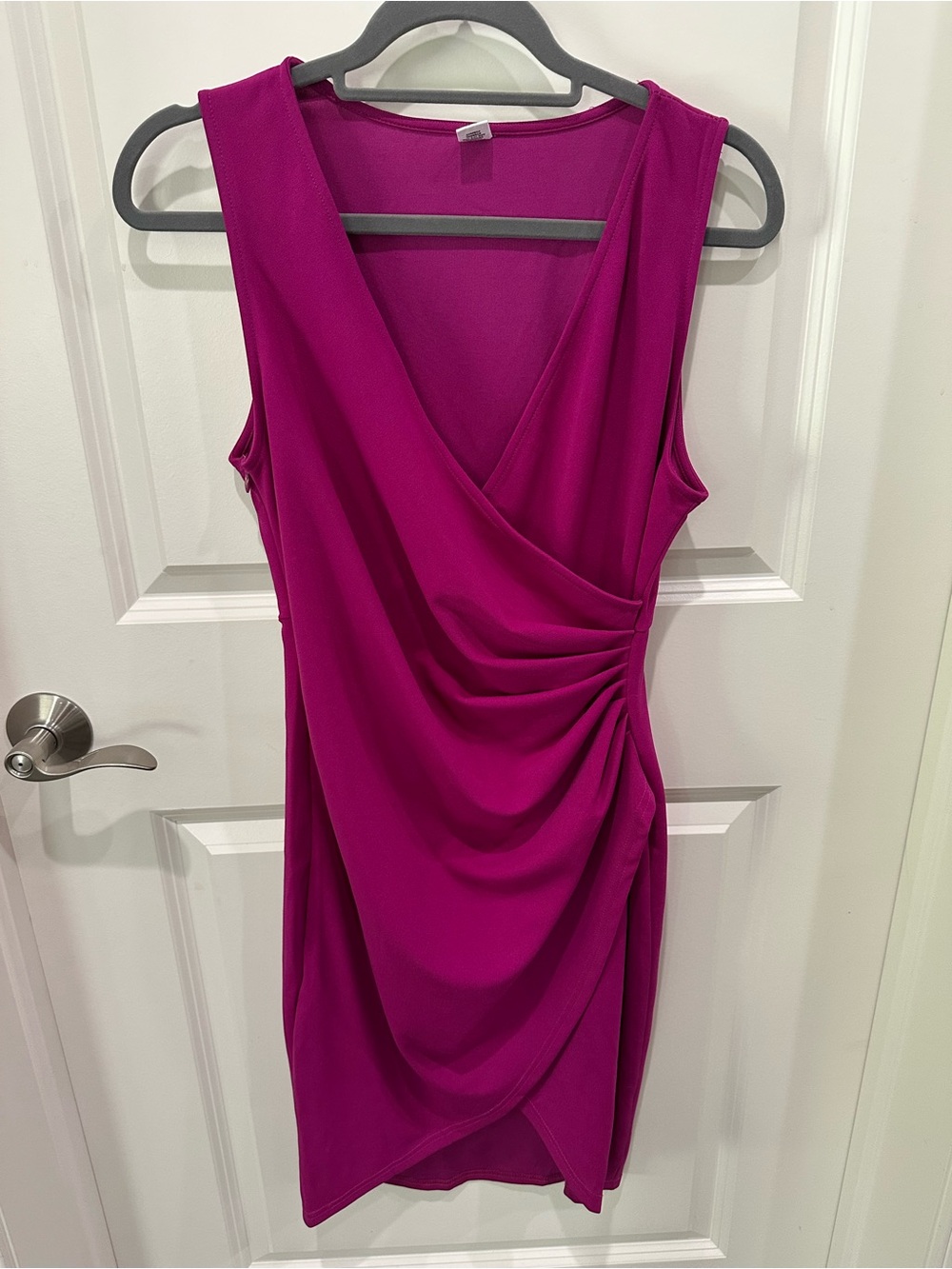 Ruched V-Neck Mini Dress in Fuchsia